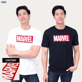 Marvel Men logo Flock Print T-Shirt - เสื้อมาร์เวลผู้ชายพิมพ์กำมะหยี่