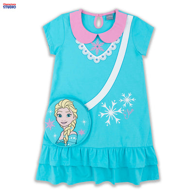 Disney Frozen Girl Dress(with bag) - ชุดเดรสกระโปรงเด็กผู้หญิง ลายเจ้าหญิงโฟรเซ่น เสื้อติดกระเป๋าจริง