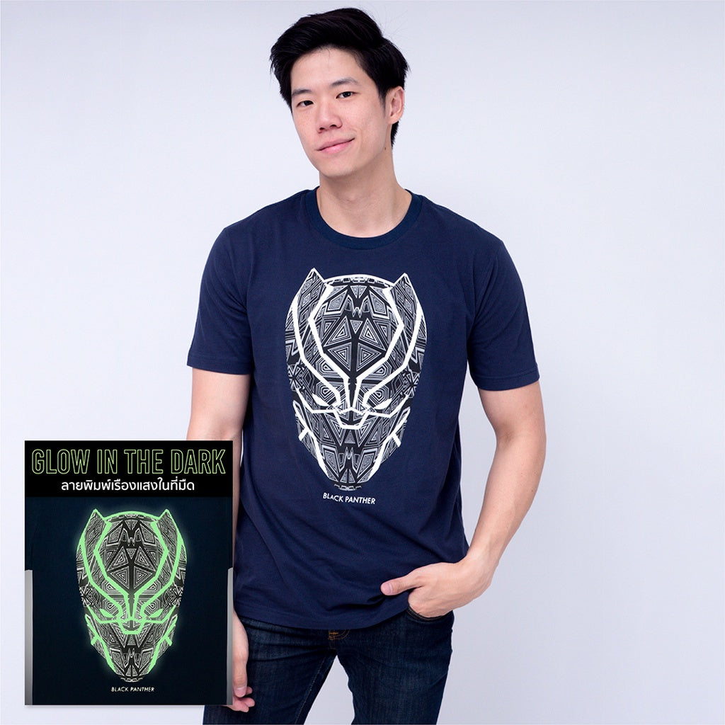 Marvel Men&Boy Black Panther Glow In The Dark /Relax T-Shirt/ -เสื้อยืดแบล็คแพนเธอร์ผู้ชายและเด็ก เทคนิคเรืองแสงในที่มืด