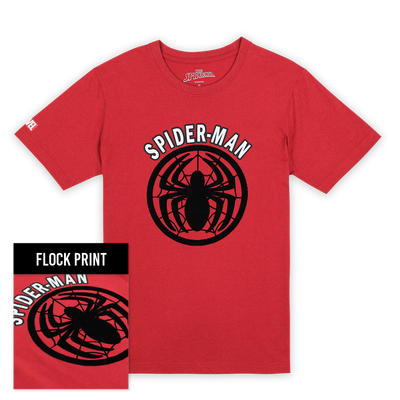 Marvel Men Spider-Man Flock Print T-Shirt Cabonite - เสื้อมาร์เวลผู้ชายพิมพ์กำมะหยี่โลโก้  ลายสไปเดอร์แมน