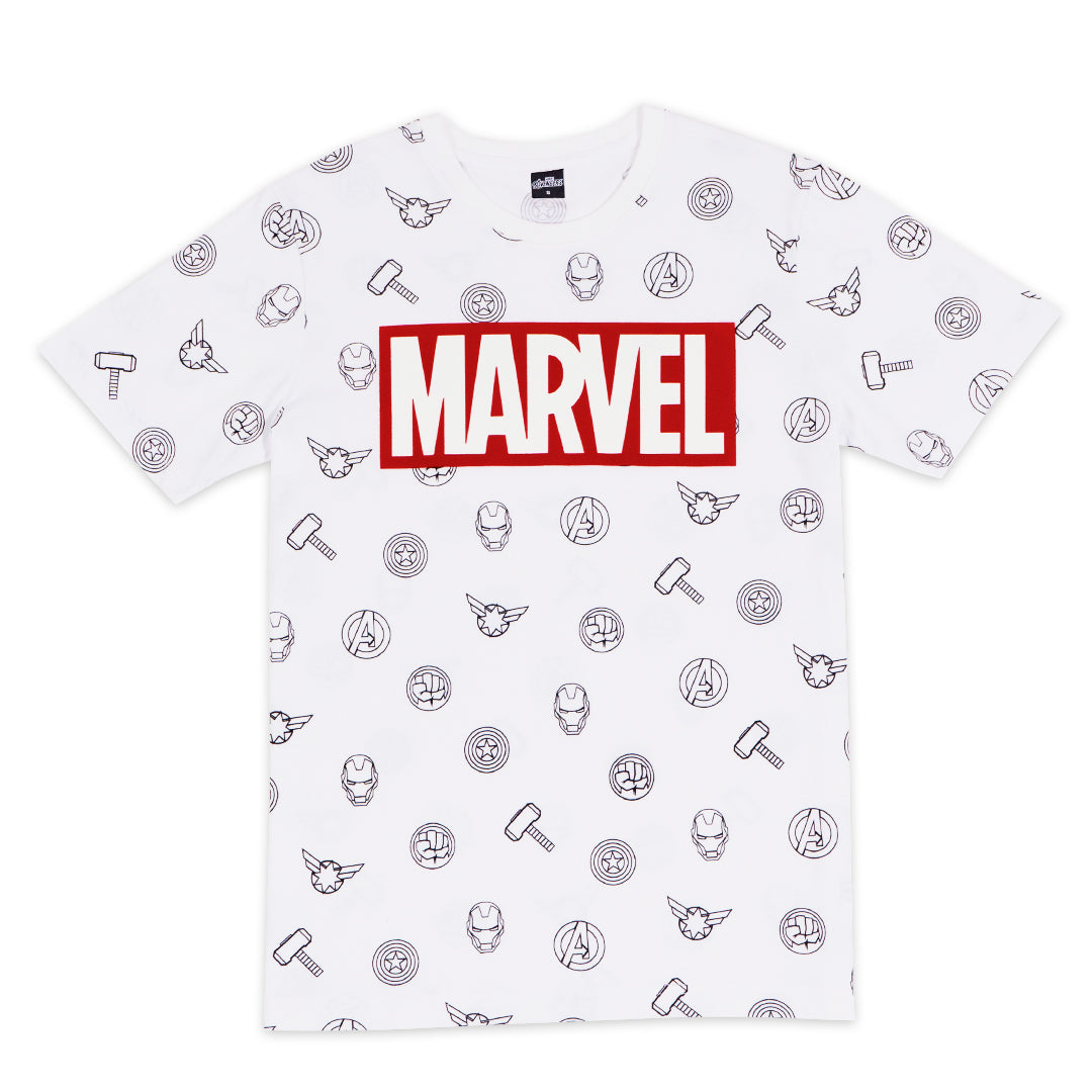 Marvel Men Logo Flock Print T-Shirt เสื้อมาร์เวลผู้ชายพิมพ์กำมะหยี่ ลายโลโก้มาร์เวล