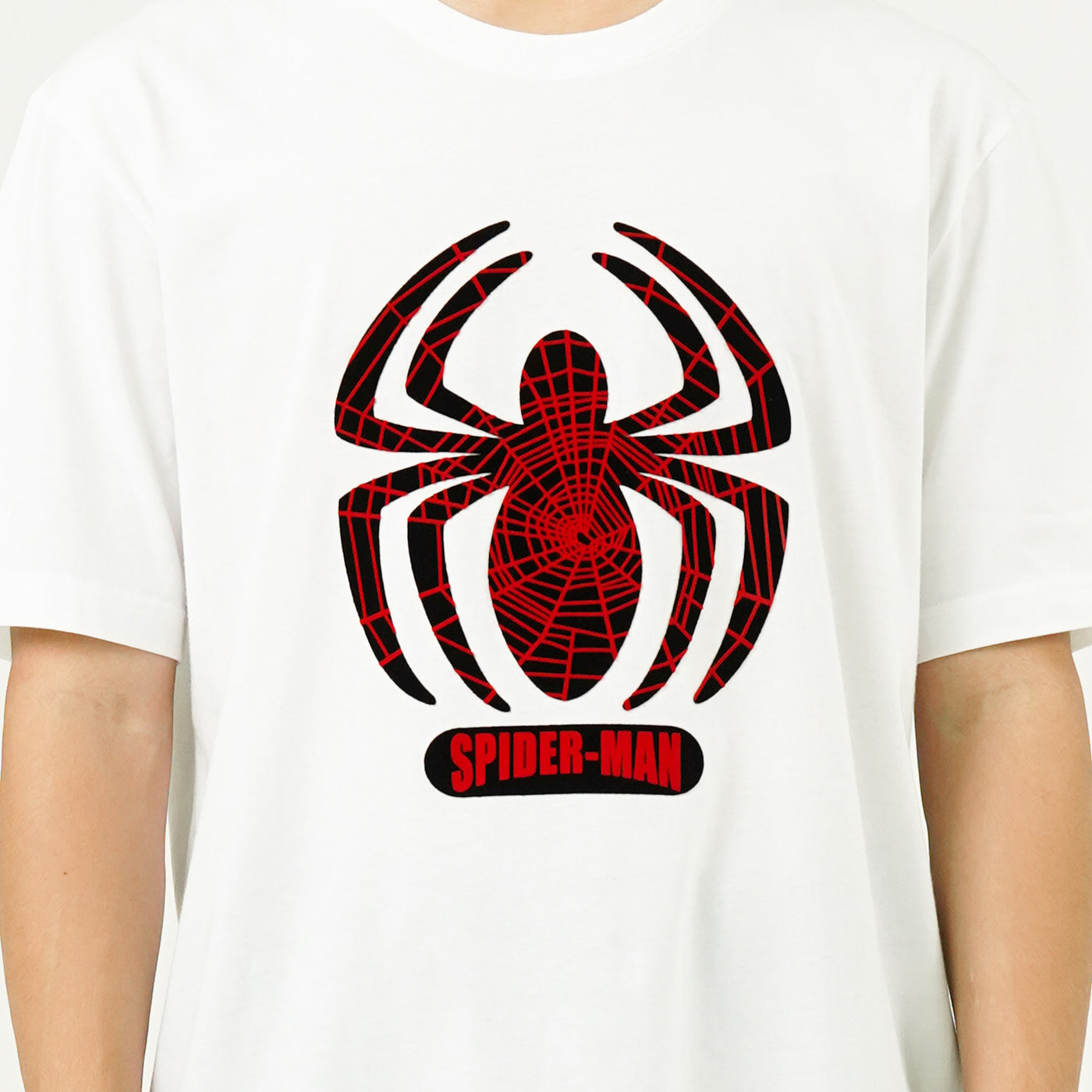 Marvel Men Spider-Man Double Flock Print T-Shirt - เสื้อมาร์เวลผู้ชายพิมพ์กำมะหยี่สองชั้น ลายสไปเดอร์แมน