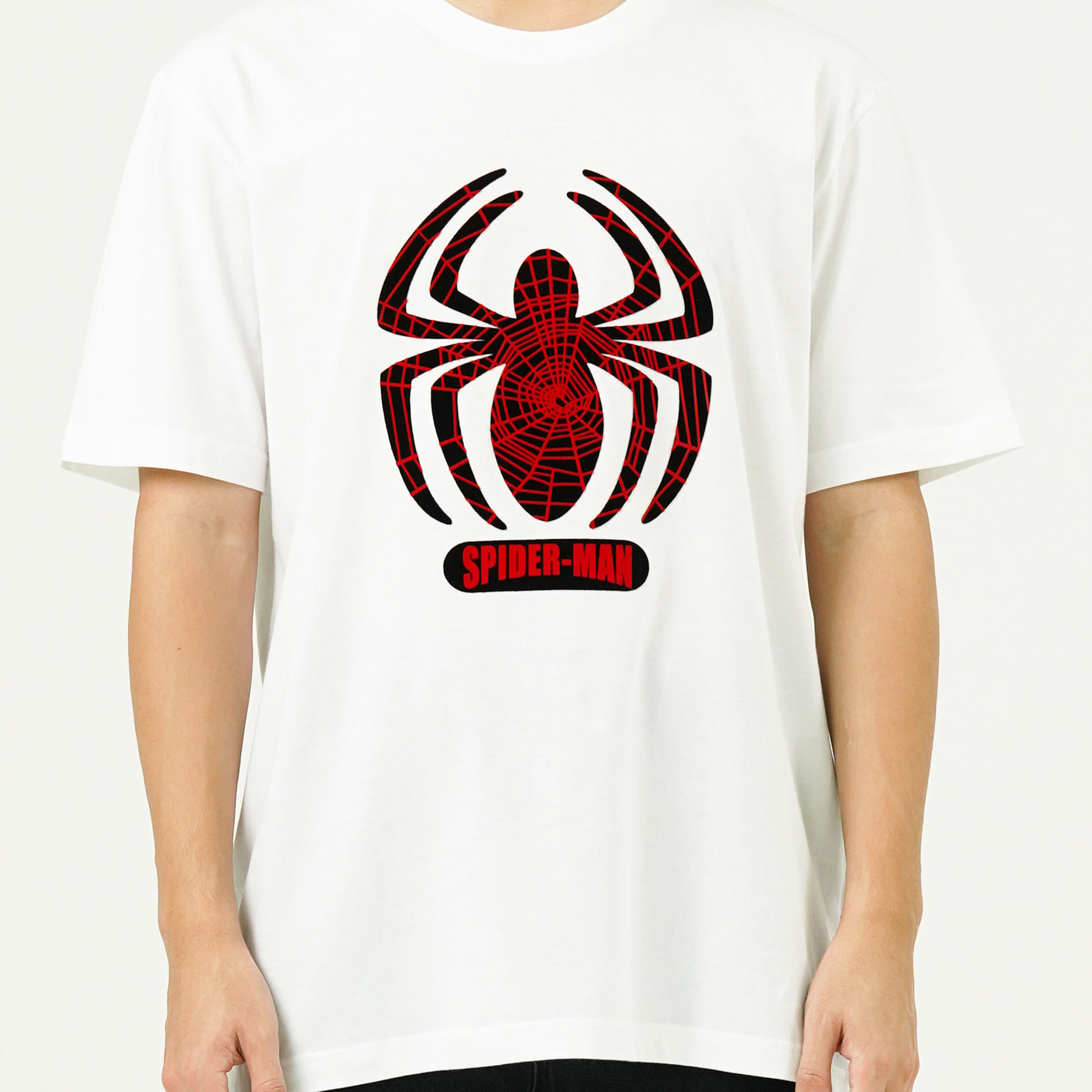 Marvel Men Spider-Man Double Flock Print T-Shirt - เสื้อมาร์เวลผู้ชายพิมพ์กำมะหยี่สองชั้น ลายสไปเดอร์แมน