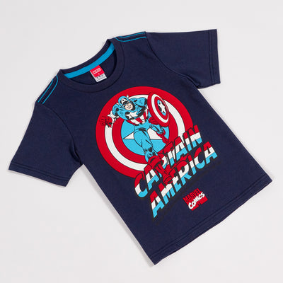 Marvel Boy Captain America Flock Print T-shirt - เสื้อยืดเด็กพิมพ์กำมะหยี่ลายกัปตันอเมริกา