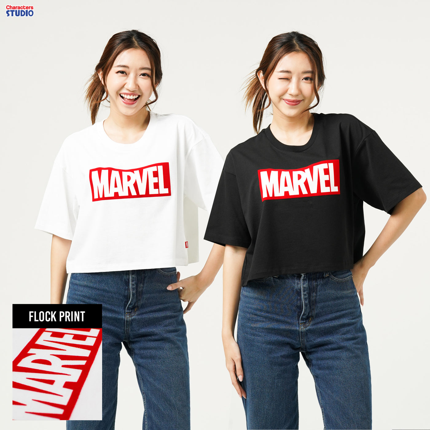 Marvel Logo Women Crop Flock Print T-Shirt  - เสื้อครอปผู้หญิงโลโก้ มาร์เวล พิมพ์กำมะหยี่